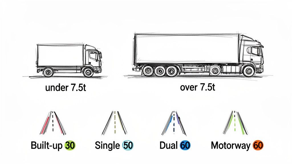 Infographic showing HGV speed limits for trucks under and over 7.5t on various road types in the UK.