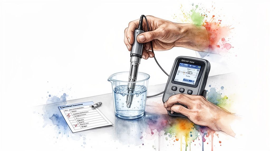 Hands are seen operating a dissolved oxygen meter in a beaker of water, with a checklist and digital monitor visible.
