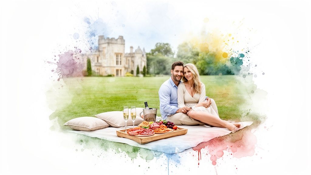 A happy couple enjoys a romantic picnic with food and champagne on a lawn in front of a castle.