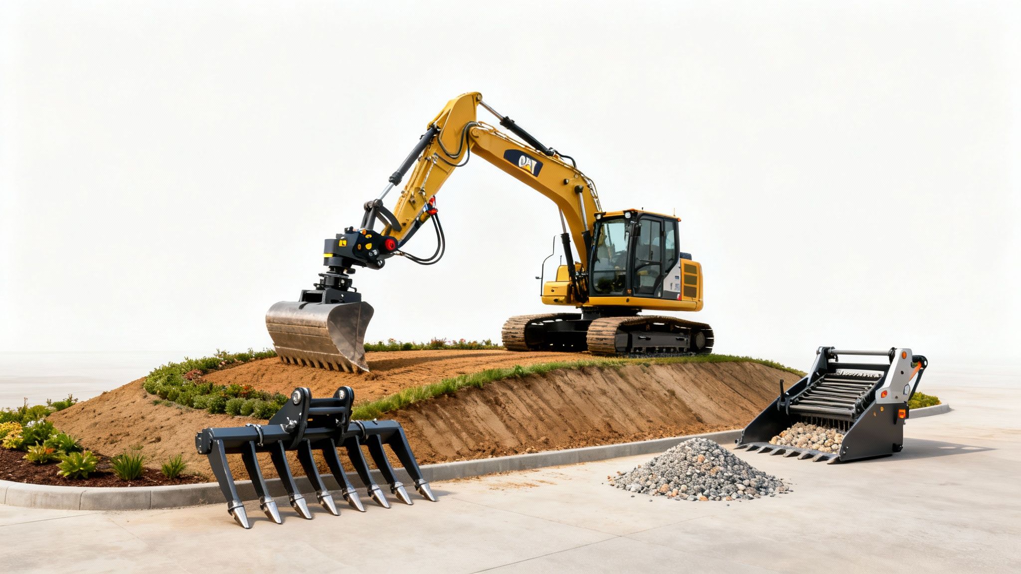 A yellow Caterpillar excavator with a bucket attachment on a dirt mound, with a grapple and screening bucket nearby.