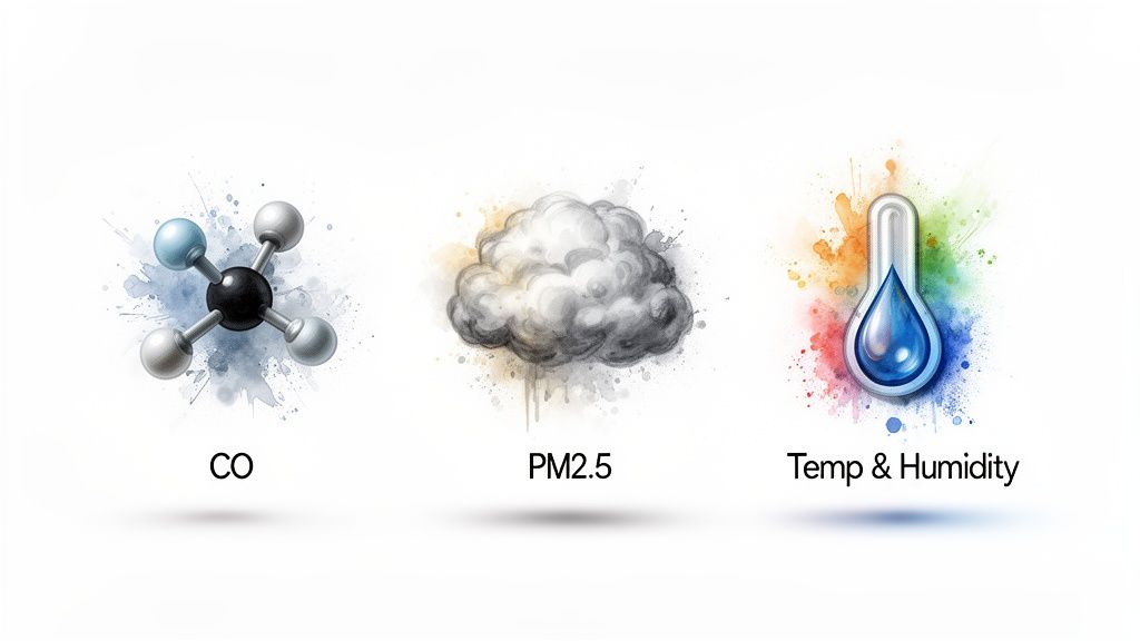 Illustrations of carbon monoxide, PM2.5 particulate matter, temperature, and humidity sensors.
