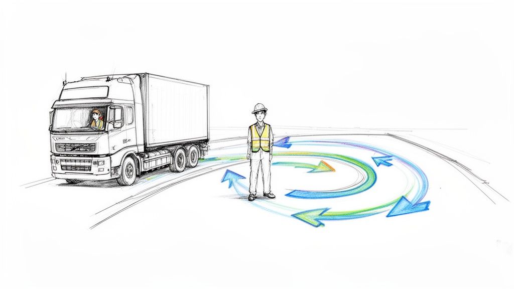 Sketch of a semi-truck with a driver, a worker in safety vest, and colorful arrows on the road indicating a turning path.