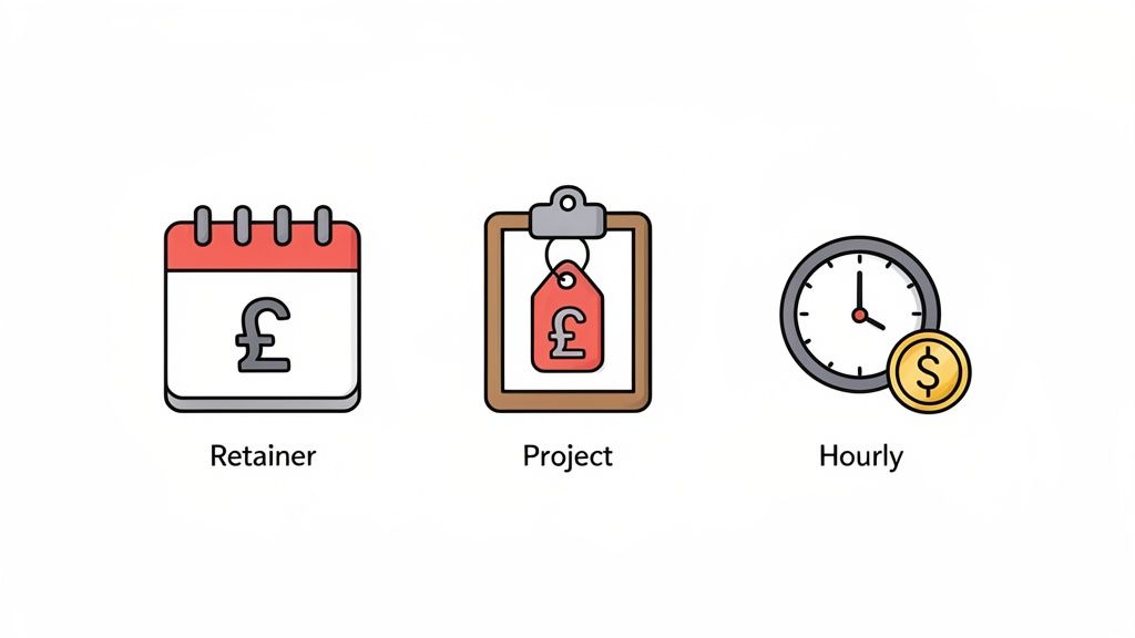 Three icons illustrating different payment models: retainer, project, and hourly rates.