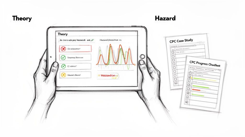 Hands hold a tablet showing theory and hazard lessons, next to driving progress checklists.