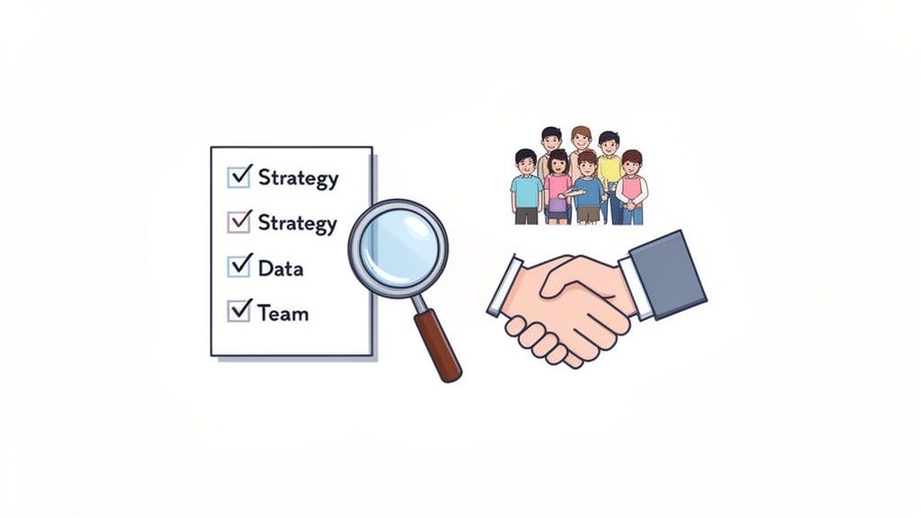 Checklist with strategy, data, and team, a magnifying glass, diverse people, and a handshake representing business success factors.
