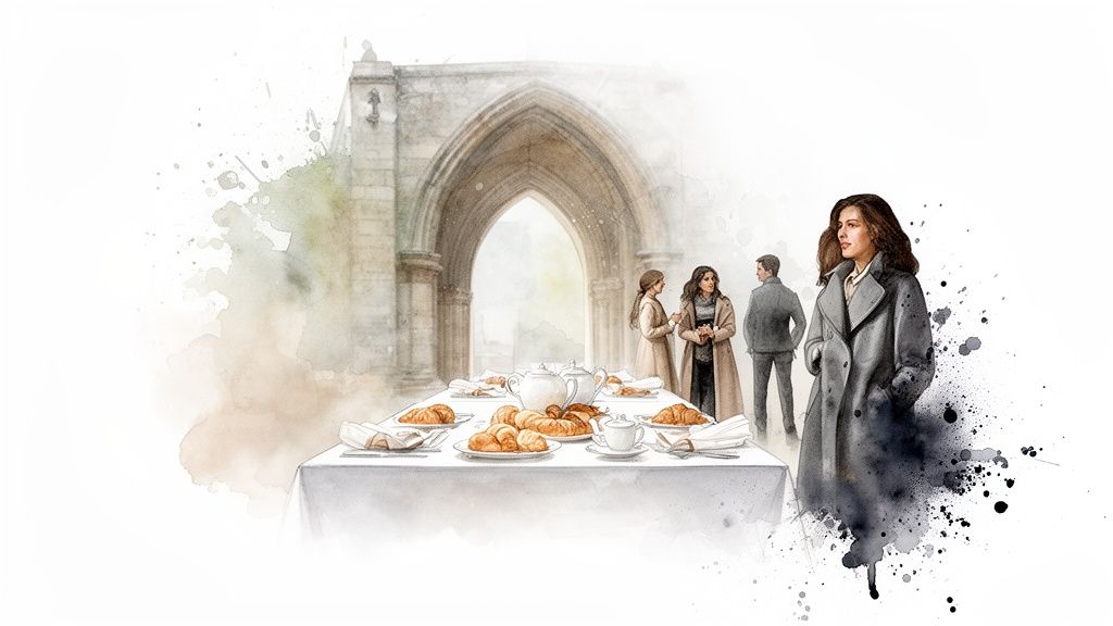 Watercolor art depicting people around a breakfast table with croissants and teapots near a stone arch.