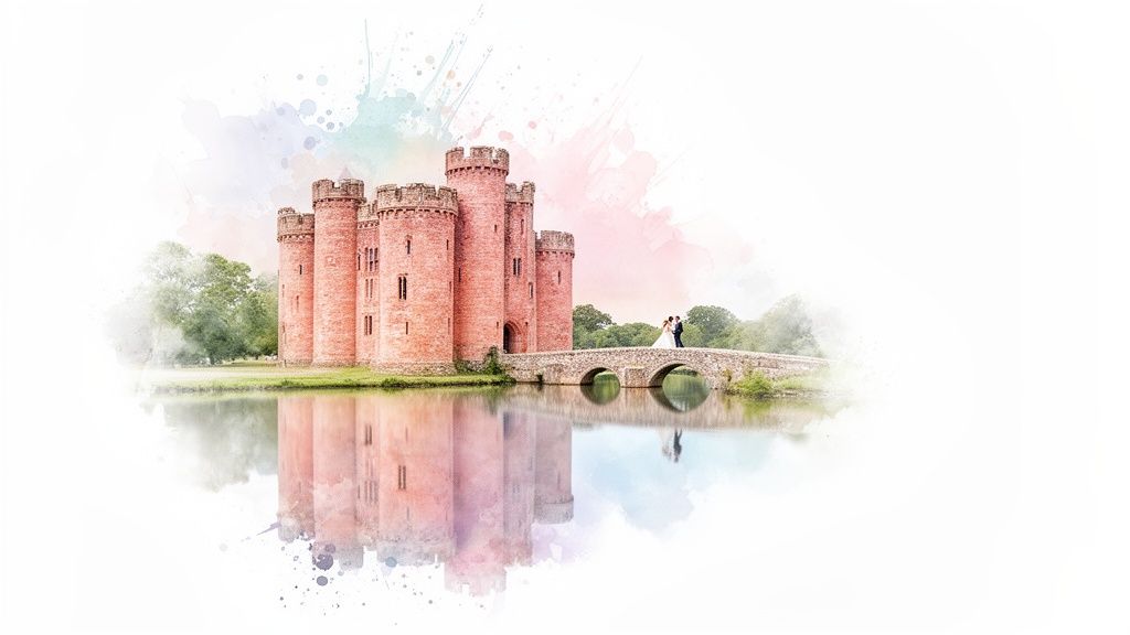 A picturesque watercolor image of an English castle with a moat, stone bridge, and a wedding couple.