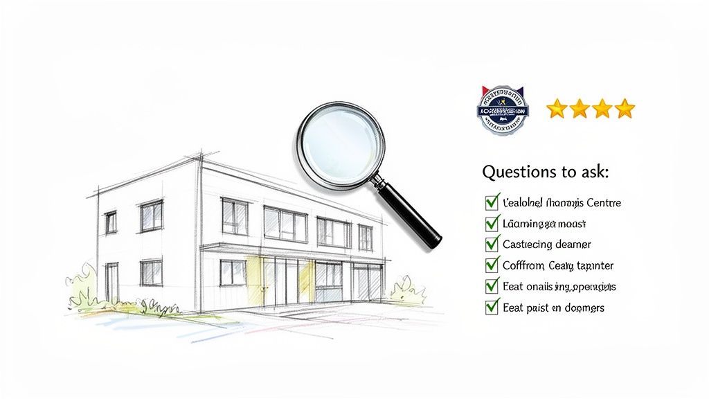 Architectural sketch of a modern building, a magnifying glass, a logo, four stars, and a checklist of questions.