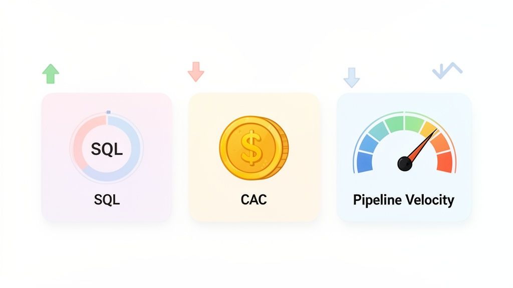 Dashboard with three cards showing business metrics: SQL, CAC, and Pipeline Velocity with trend arrows.