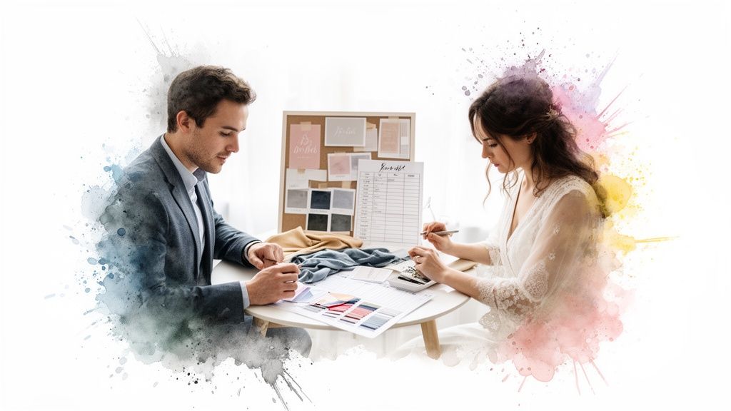 Couple planning wedding details, reviewing color palettes, fabric swatches, and a checklist.