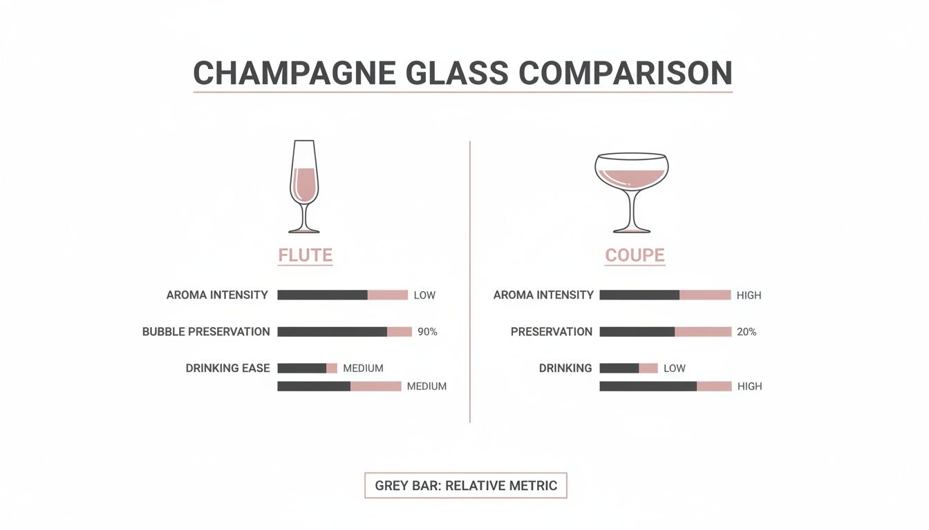 Infographic comparing champagne Flute and Coupe glasses on aroma intensity, bubble preservation, and drinking characteristics.