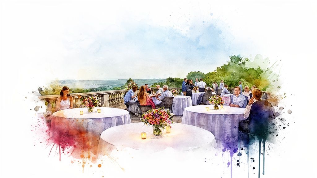 Watercolor painting of an outdoor event with guests seated at tables adorned with flowers and candles, overlooking a scenic landscape.