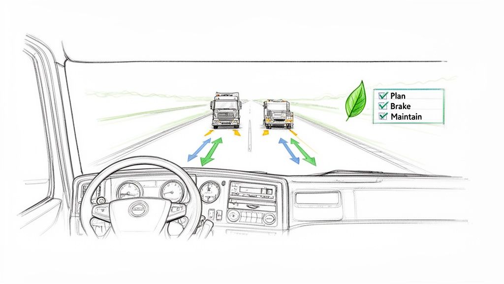 Driver's view of trucks on a road, showing adaptive driving principles for efficiency.