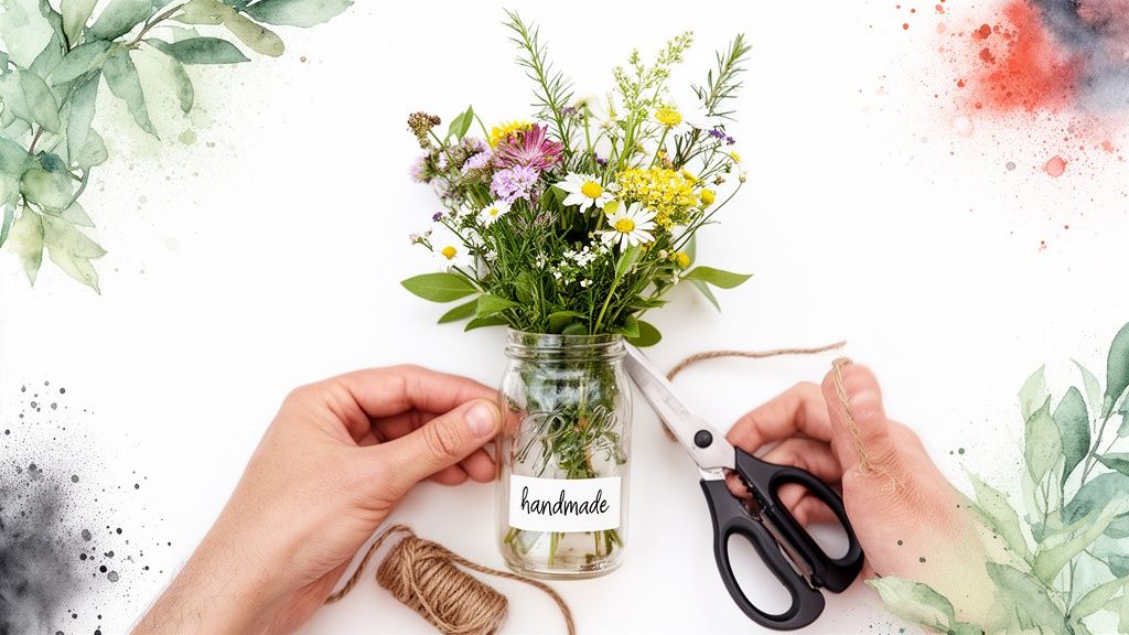 Hands arranging a beautiful handmade wildflower bouquet in a mason jar with scissors and twine.