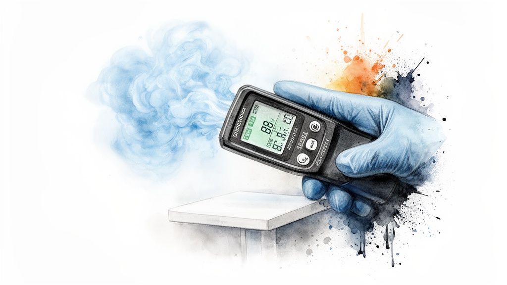 A gloved hand holds a digital hydrogen gas tester emitting blue mist over a white surface.