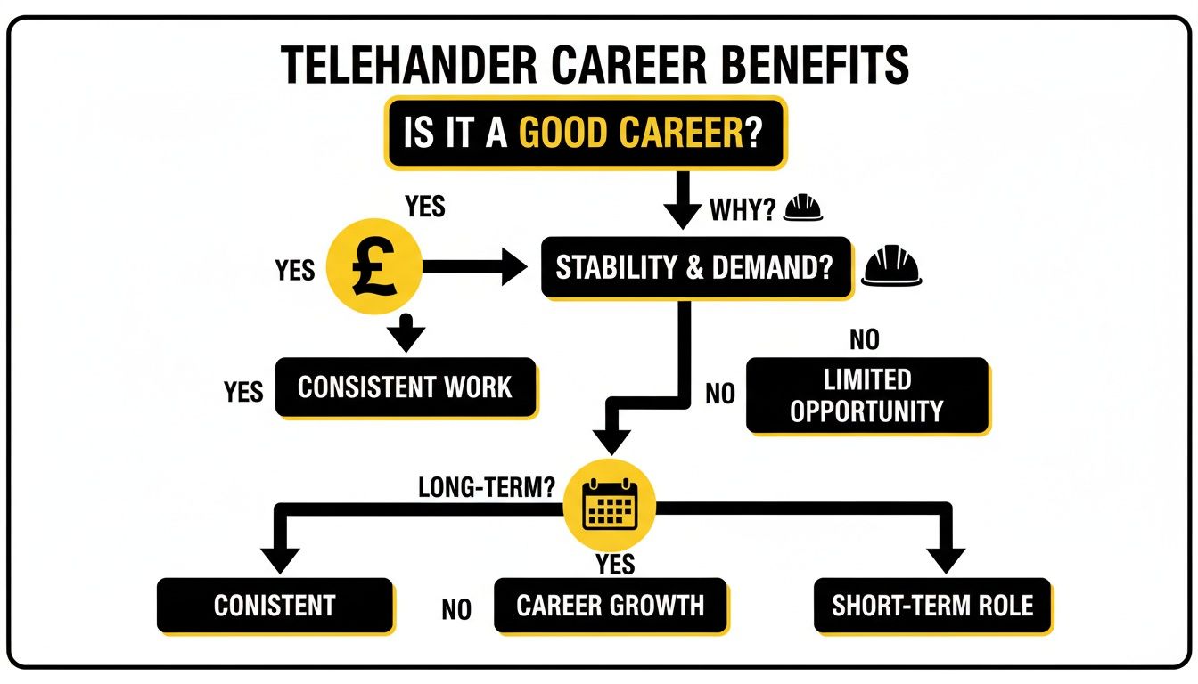 Flowchart evaluating telehandler career benefits, assessing factors like pay, stability, demand, consistent work, and growth.