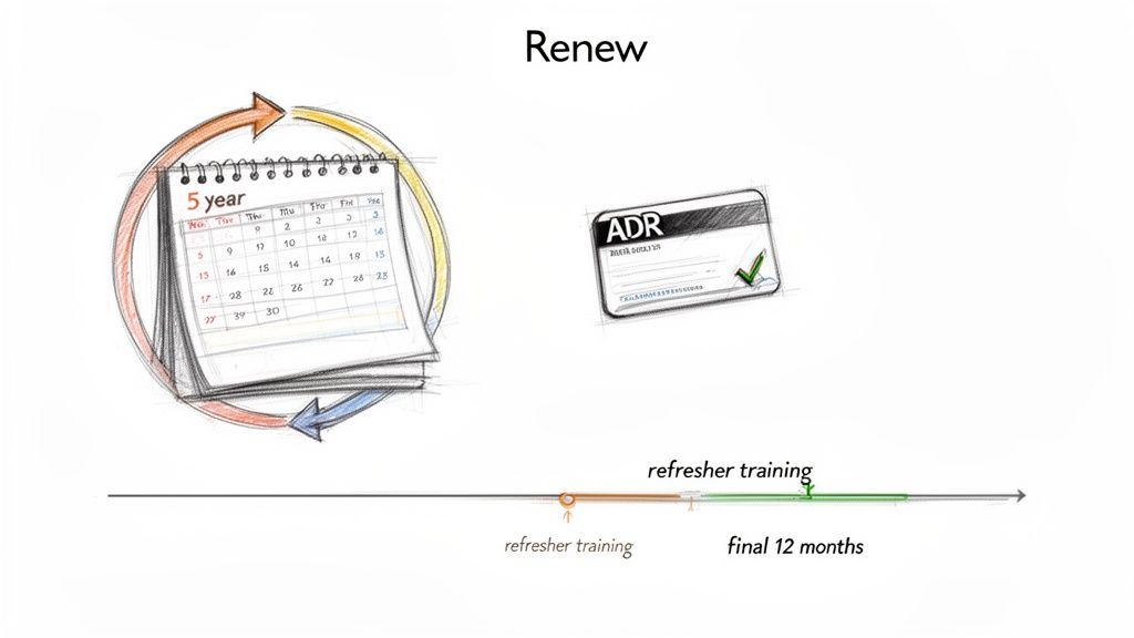 Diagram illustrating the 5-year renewal cycle for an ADR certification, including refresher training and timeline.