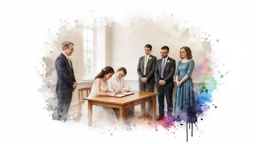 A wedding couple signs documents at a table, witnessed by guests in a bright room.