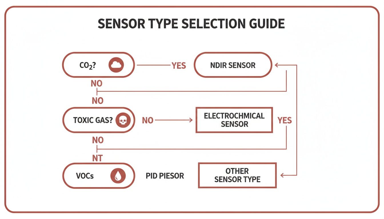 A flowchart guiding the selection of sensor types for detecting CO2, toxic gas, or VOCs.