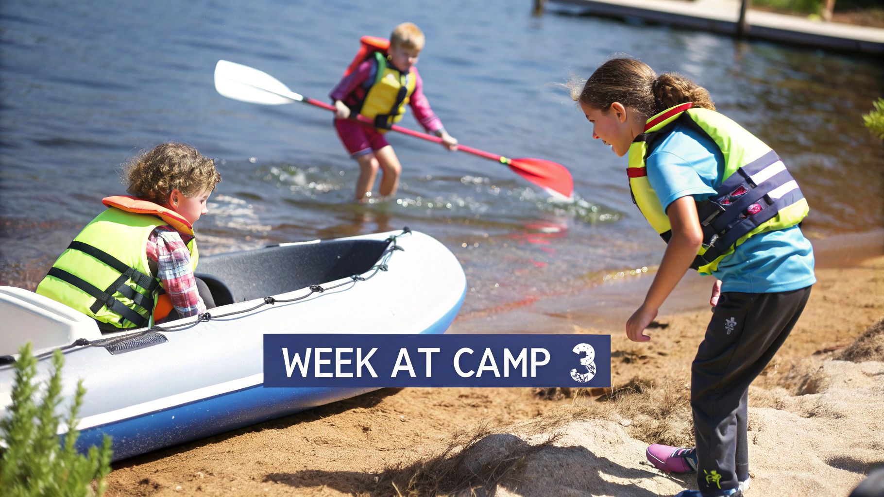 Three happy children in life jackets enjoying a sunny day at a summer camp by the lake, preparing for kayaking.