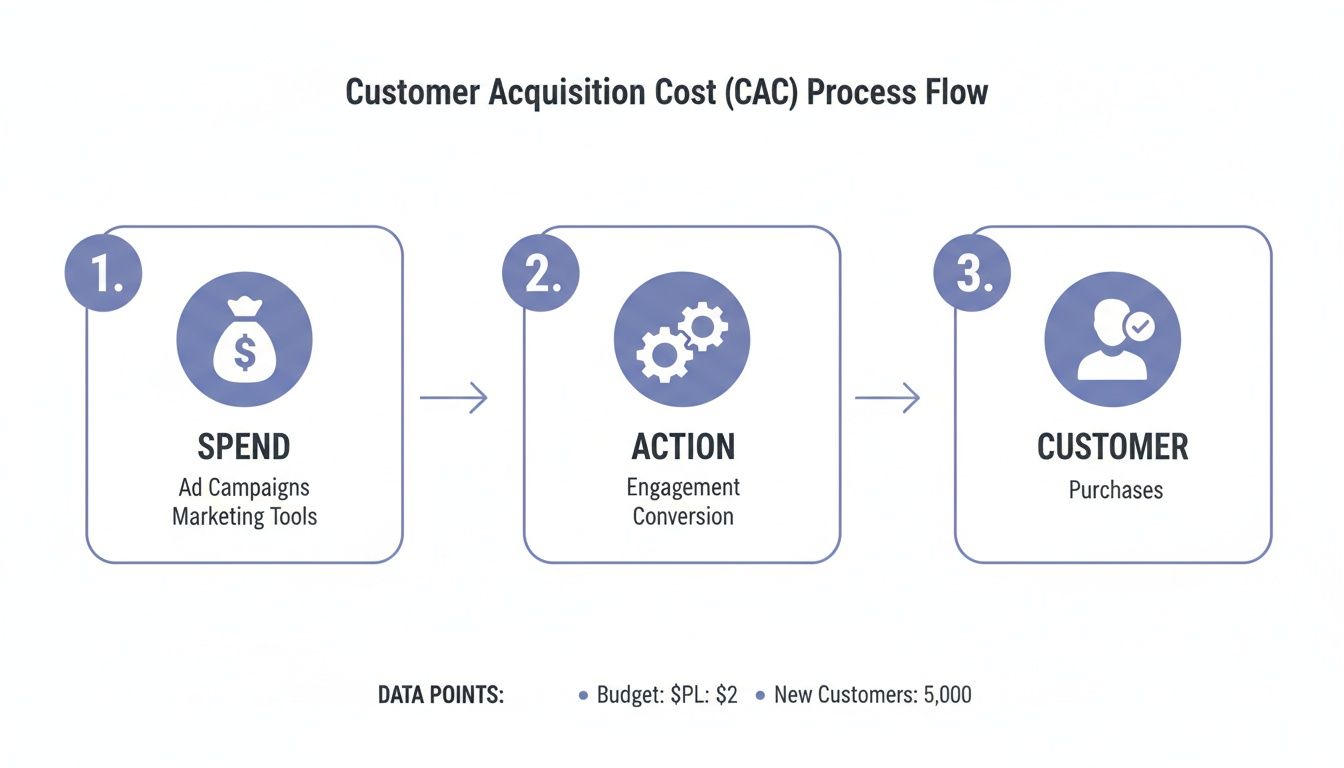 Flowchart showing the Customer Acquisition Cost (CAC) process flow, detailing spend, action, and customer steps.