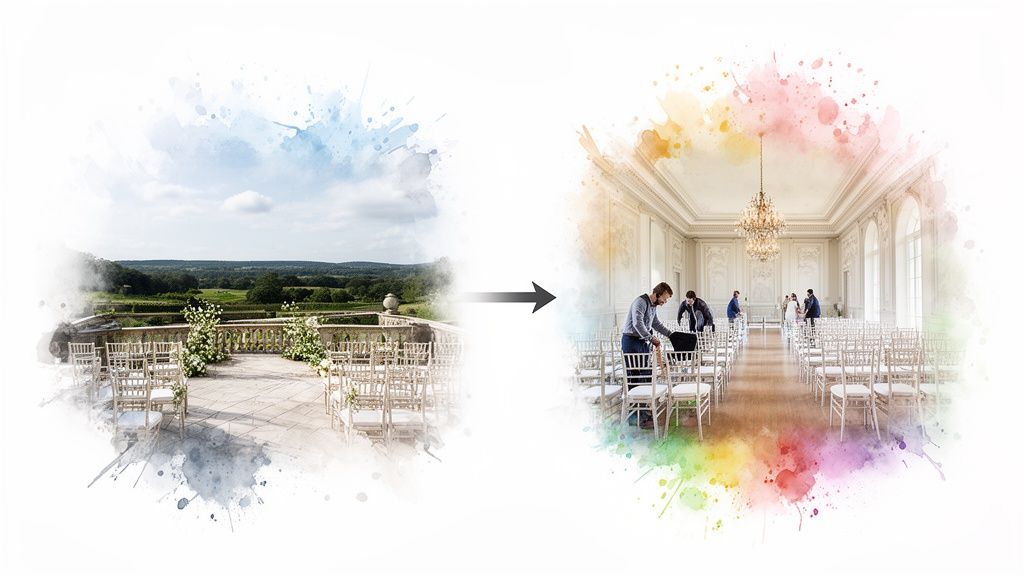 A comparison image showing an outdoor garden wedding setup and an elegant indoor ballroom wedding setup.