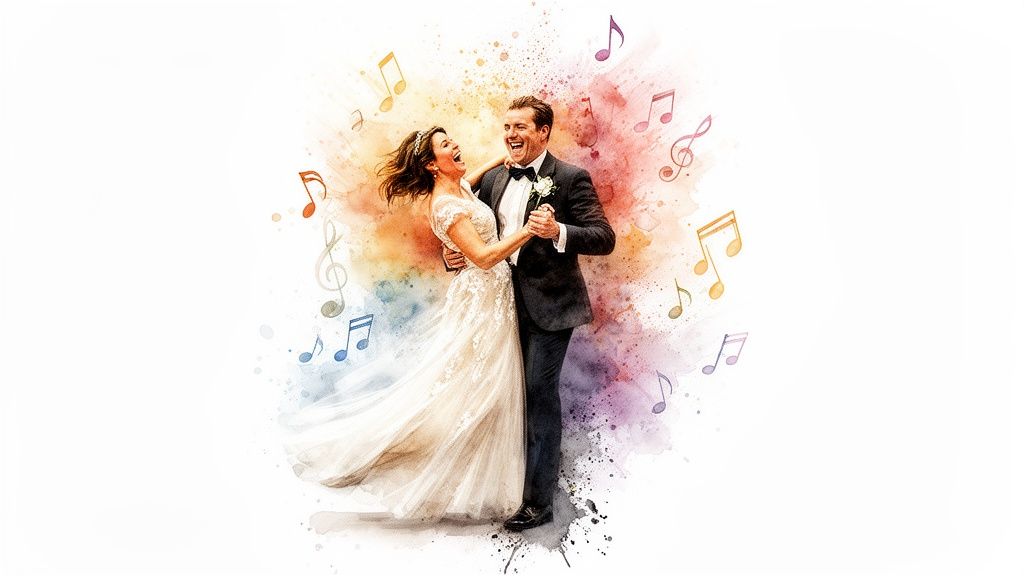 Joyful bride and groom dance holding hands, surrounded by colorful watercolor music notes.