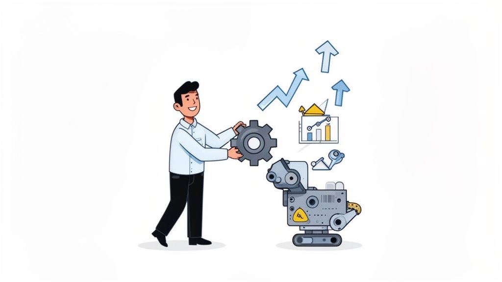 A smiling man engages with a robot by inserting a gear, leading to business growth and data analysis visuals.