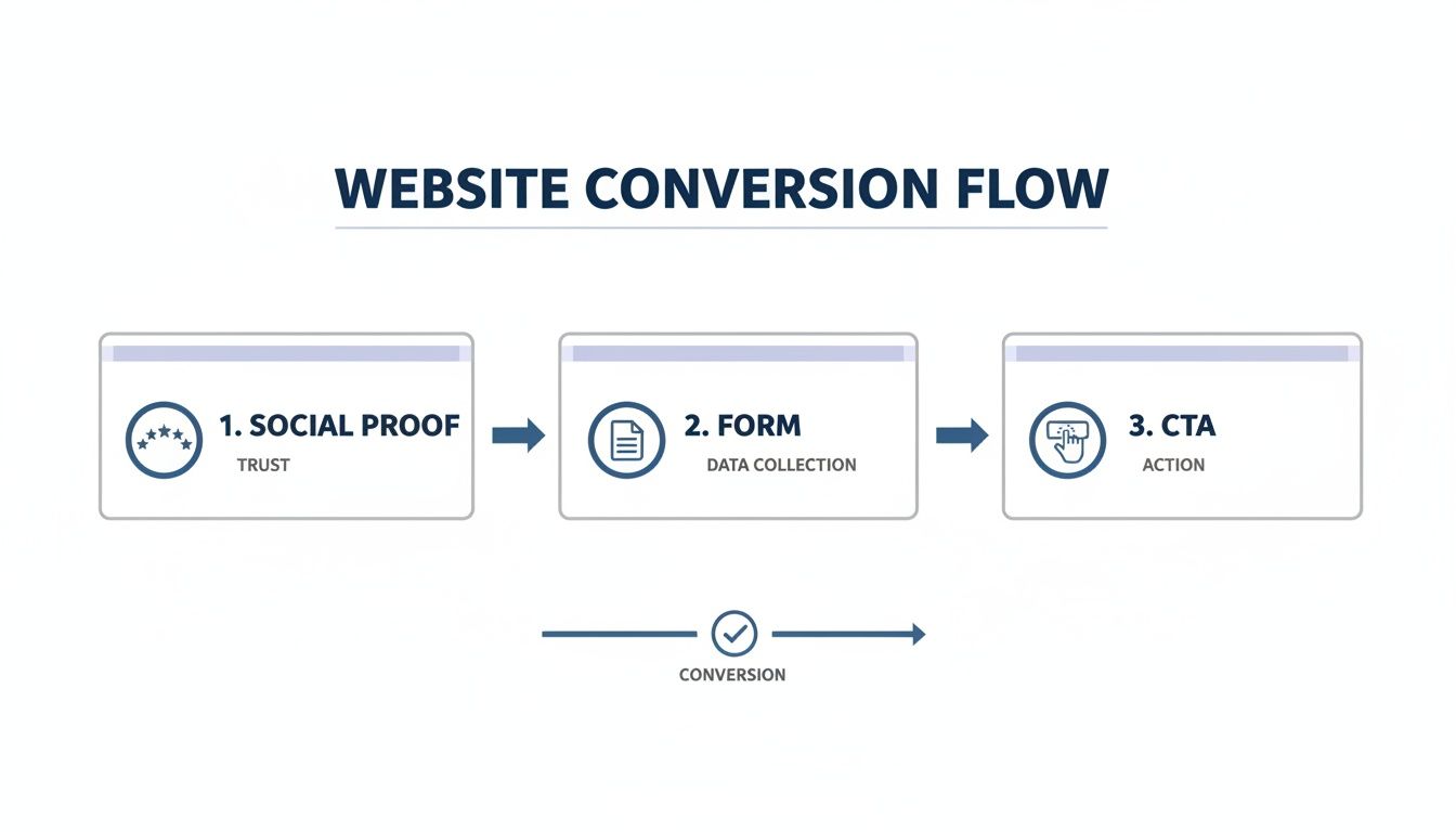 Diagram illustrating a website conversion flow with steps: social proof, form for data collection, and call to action leading to conversion.