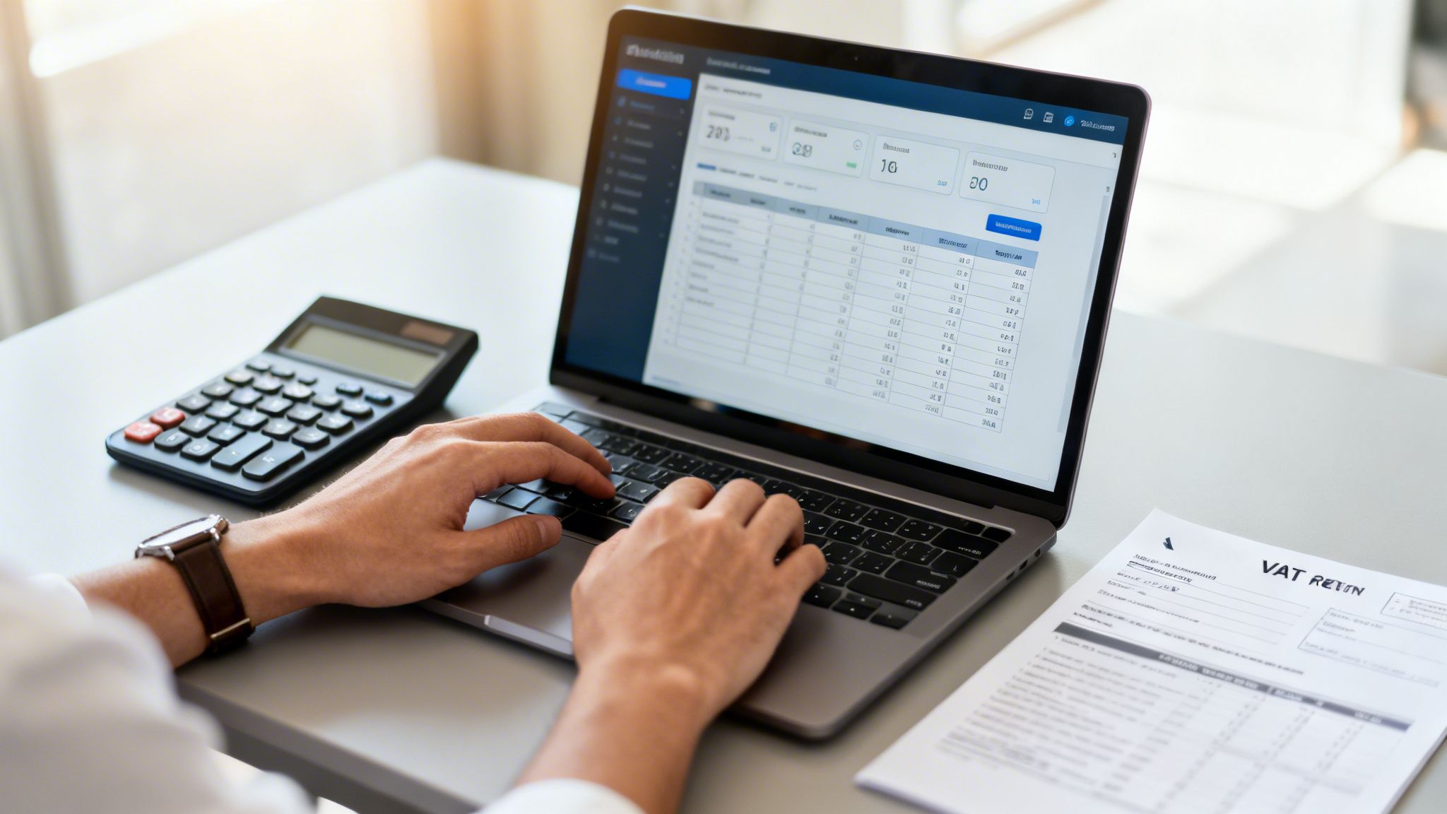 Person working on a laptop with accounting software, calculator, and VAT return document on a desk.