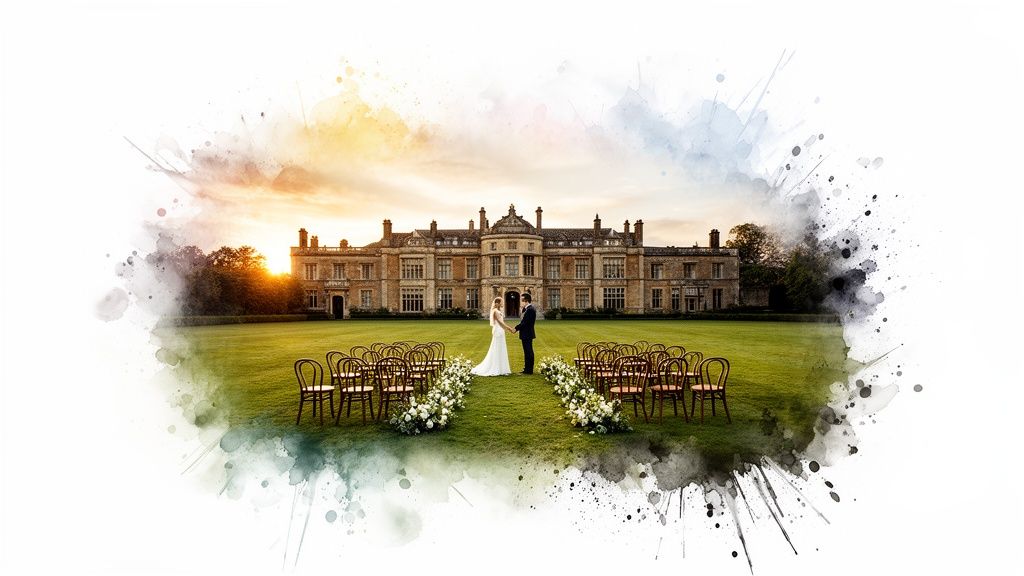 Outdoor wedding ceremony with bride, groom, grand manor house, and sunset watercolor effect.