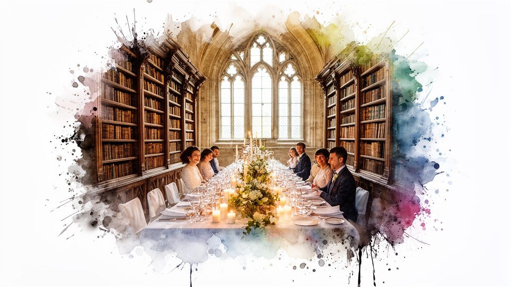 A grand wedding reception in a historic library, with guests seated at a long, candlelit table.