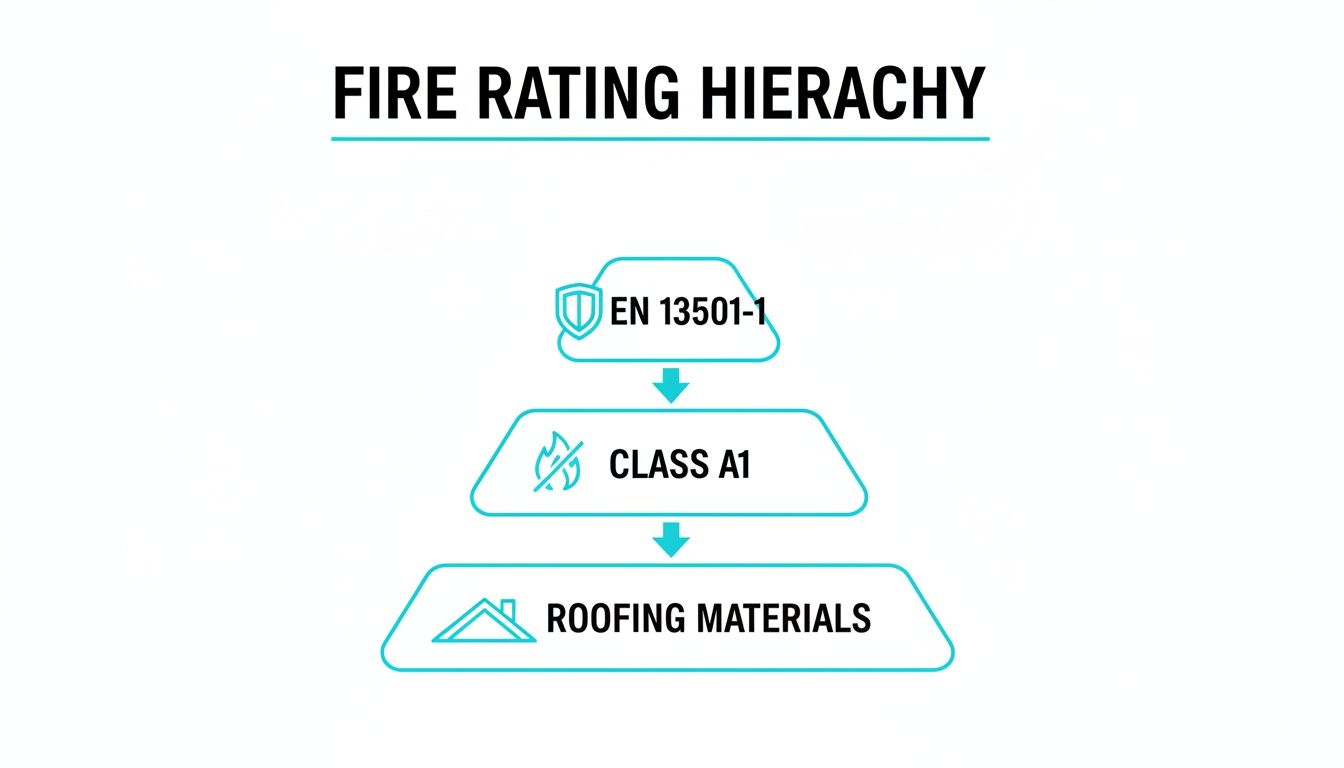 Diagram showing fire rating hierarchy: EN 13501-1 certification leads to Class A1 for roofing materials.