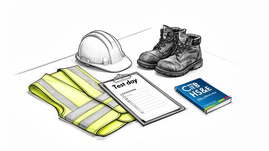 A white hard hat, yellow hi-vis vest, work boots, a 'Test day' clipboard, and a 'CITB HS&E' book for construction safety.