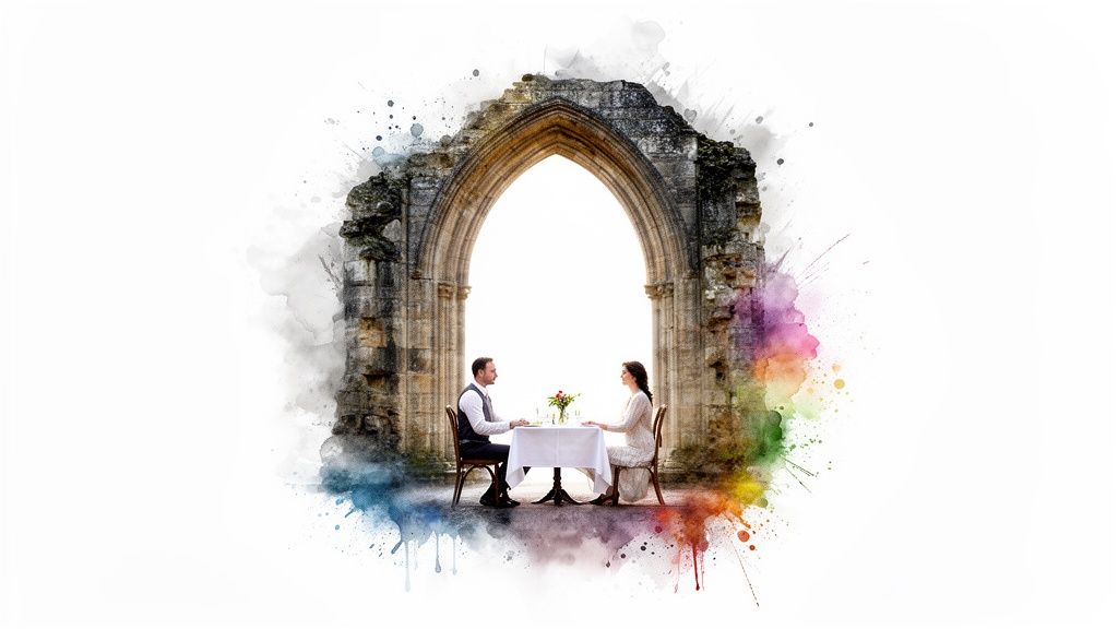 A romantic couple dines under an ancient stone archway, framed by colorful watercolor splashes.