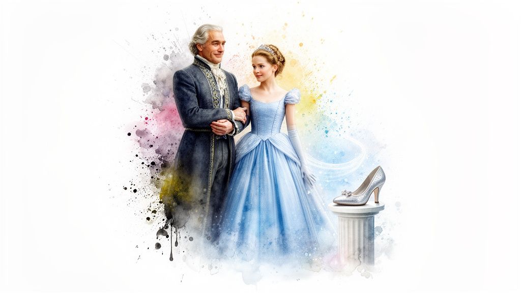 A man and woman in elegant fairytale attire with a glass slipper, surrounded by watercolor splashes.
