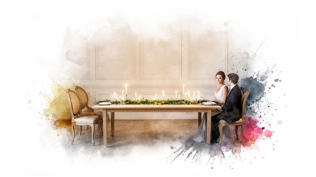 Romantic bride and groom dinner at a candlelit table with artistic watercolor splashes.