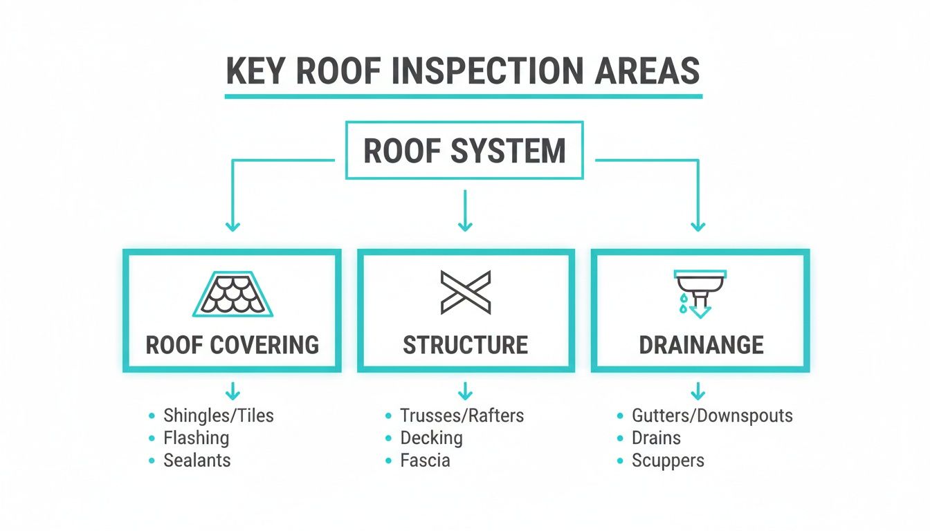 Diagram detailing key roof inspection components: covering, structure, and drainage systems with sub-categories.
