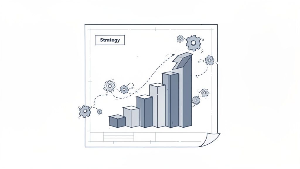 Blueprint illustration of a growing bar chart and gears, representing a business strategy for success.