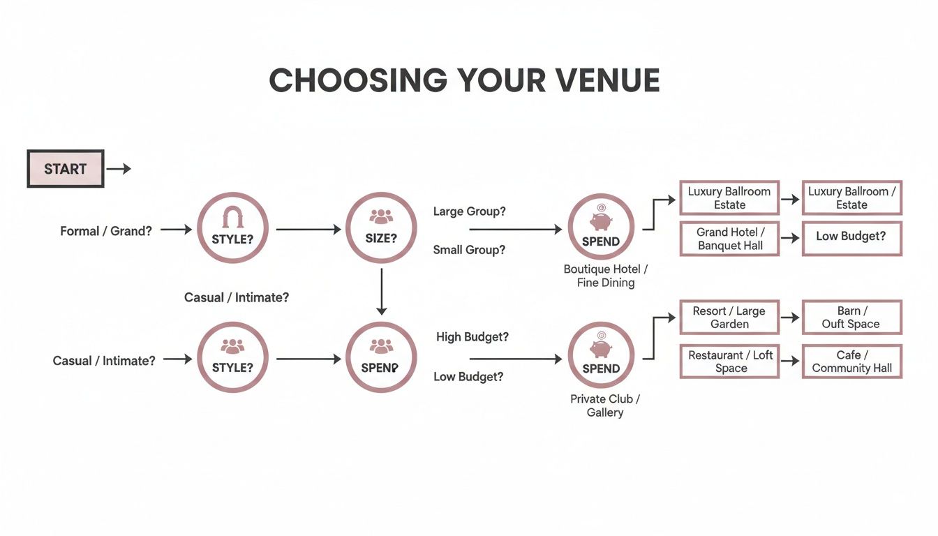 Flowchart illustrating how to choose a venue based on style, size, and budget for various events.