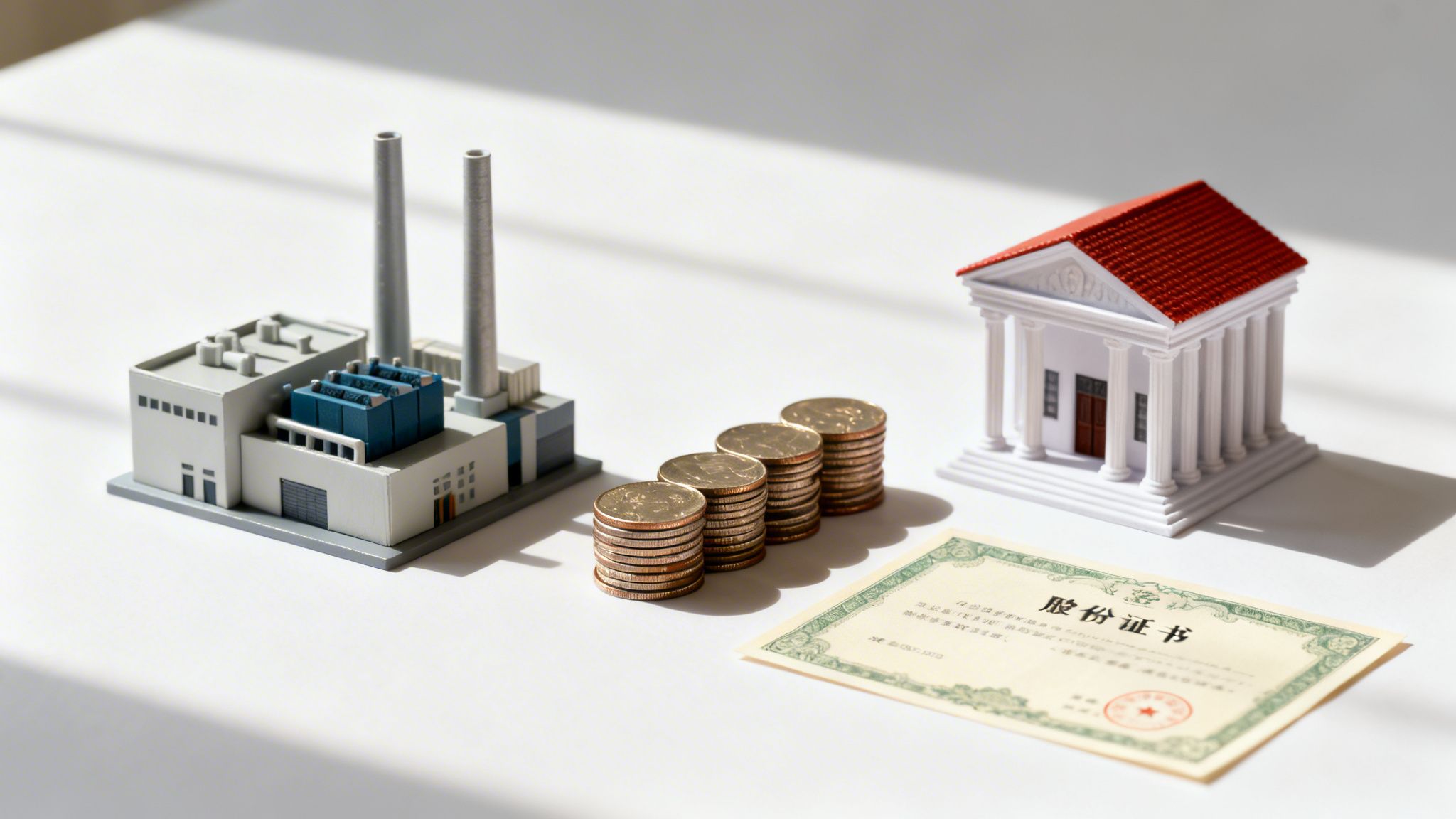 Miniature factory, bank, stacked coins, and stock certificate on a white surface, symbolizing investment.