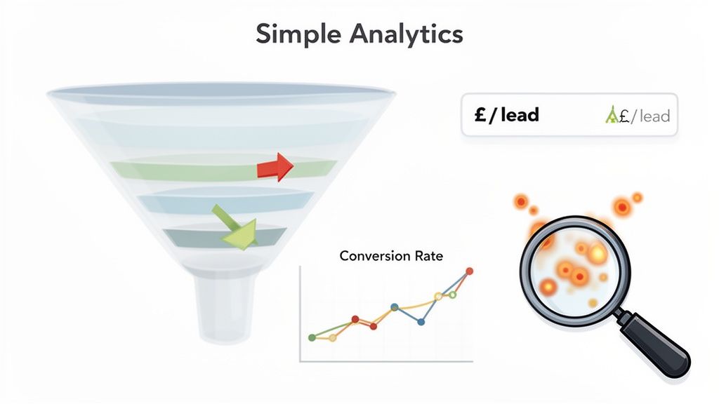 An illustration of simple marketing analytics, showing a sales funnel, cost per lead, conversion rate graph, and detailed insights.