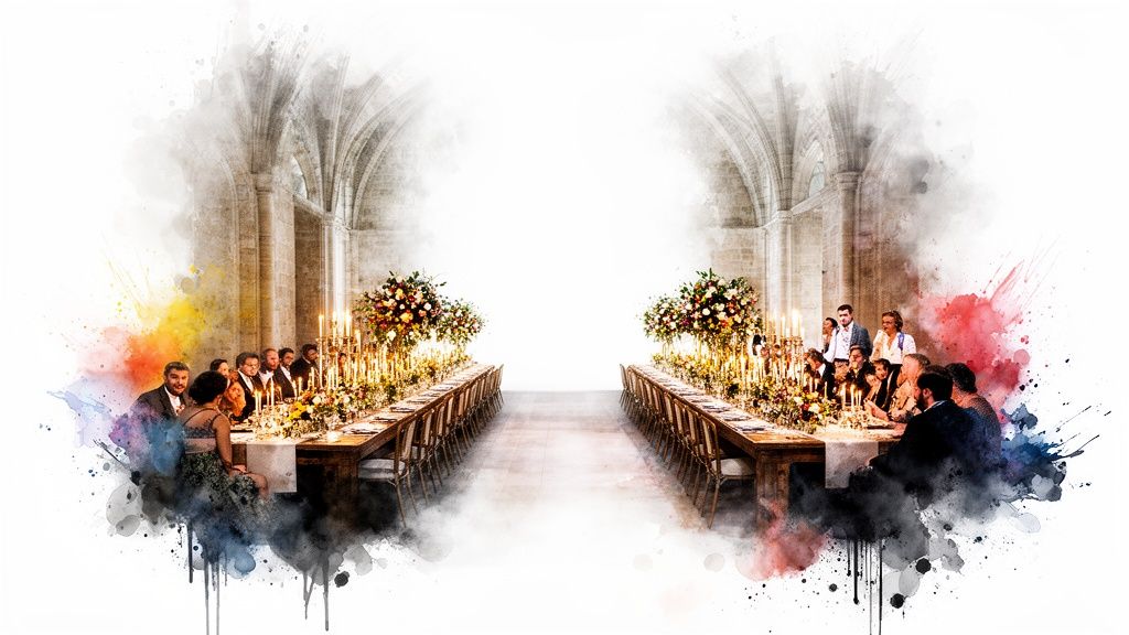 Grand wedding reception featuring two long tables adorned with candles, flowers, and seated guests.