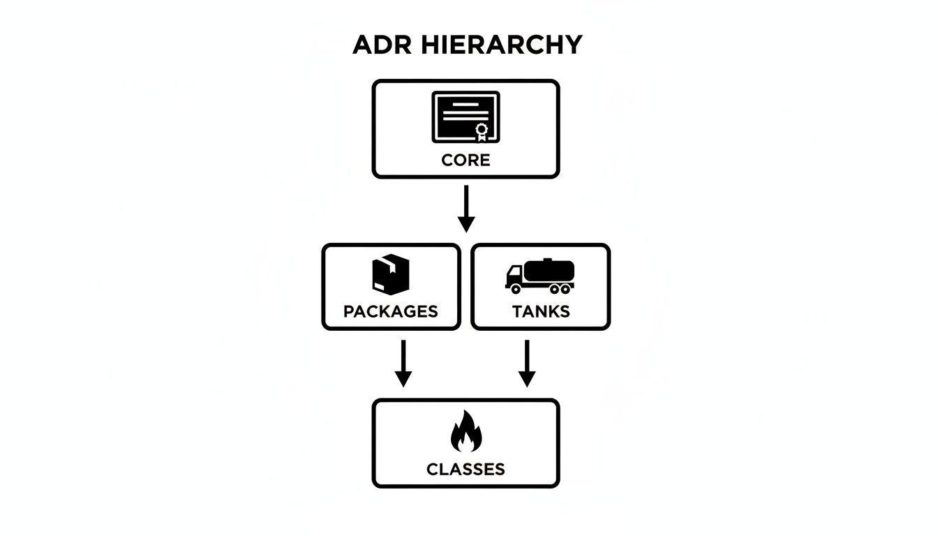 A black and white diagram illustrating the ADR hierarchy from Core to Packages/Tanks and Classes.