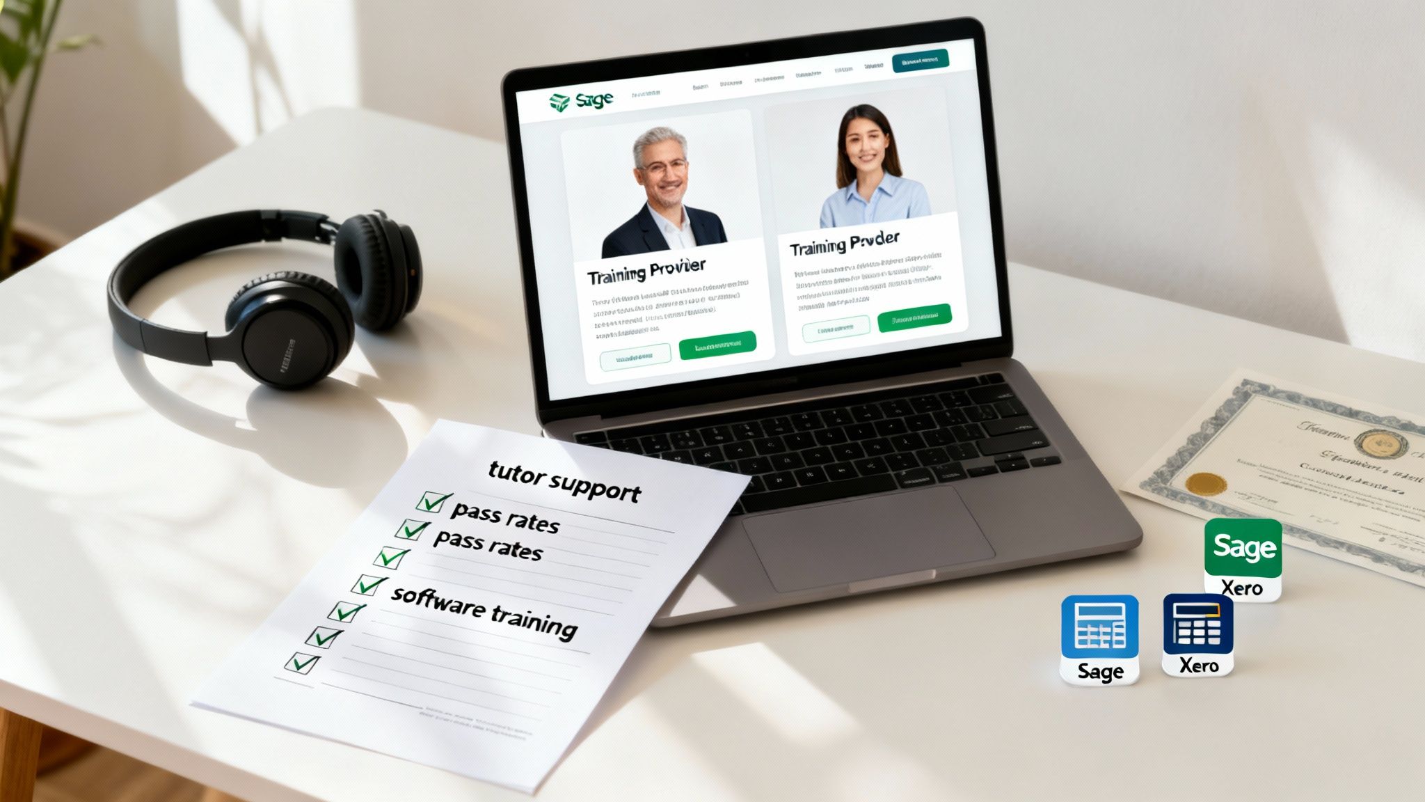 A modern workspace with a laptop displaying a training website, a checklist, headphones, and accounting software logos.