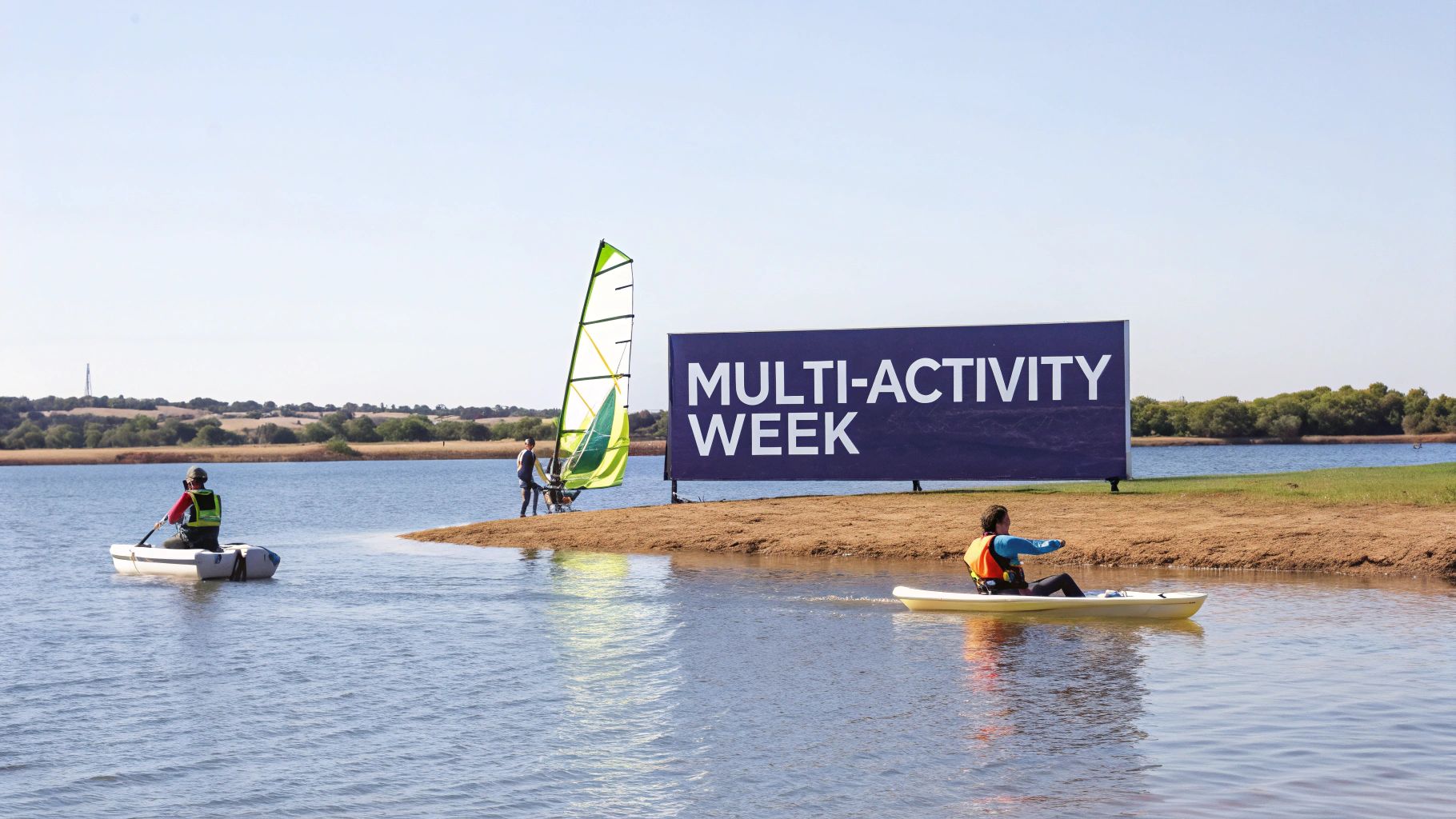 People enjoying various water activities like kayaking, windsurfing, and boating on a lake during a multi-activity week.