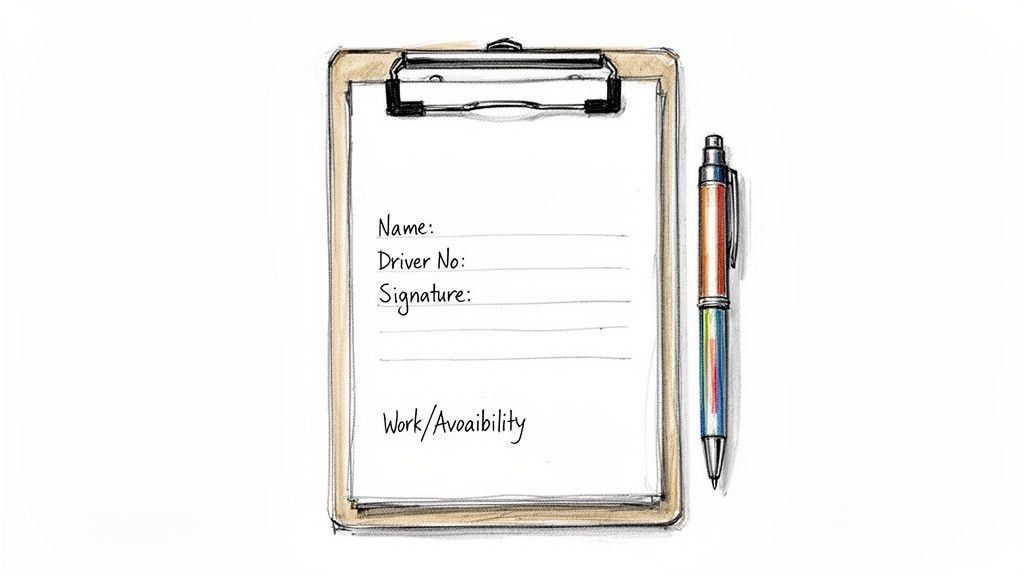 A hand-drawn image of a clipboard with a blank form for driver information and work availability, next to a colorful pen.