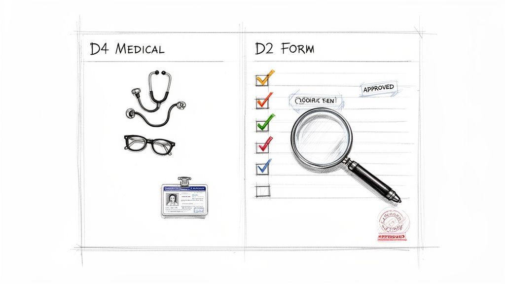 Illustration showing D4 Medical items (stethoscope, glasses, ID) alongside an approved D2 Form checklist.