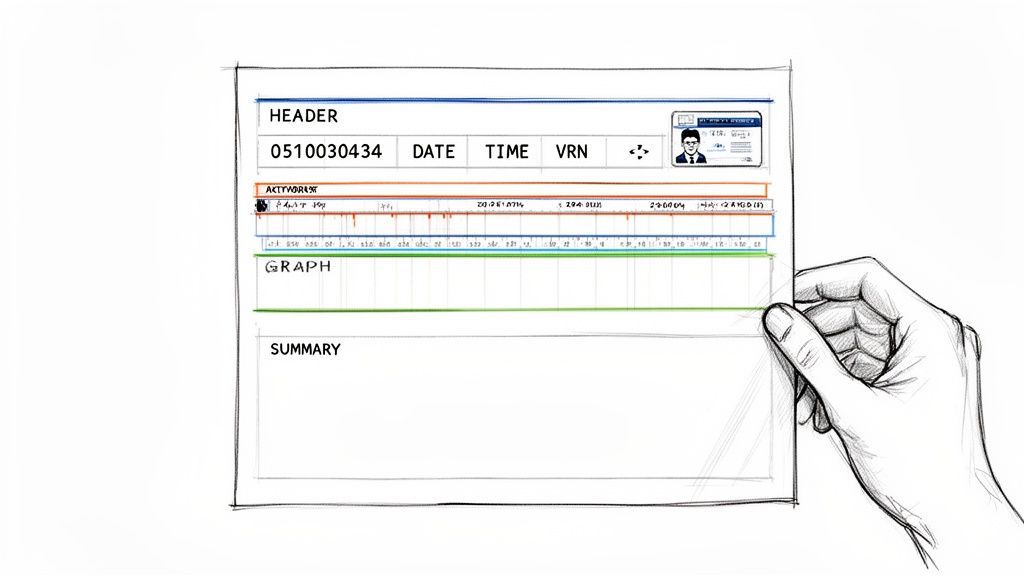 A detailed sketch showing a hand holding a data report with header, graph, and summary sections.