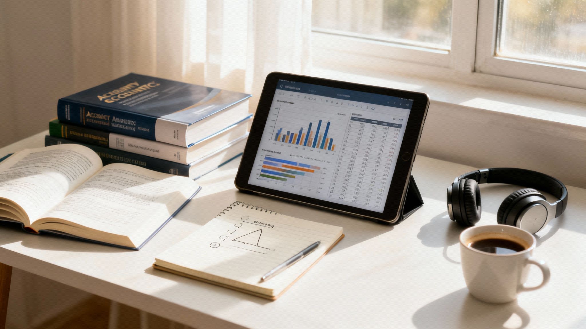 A neatly arranged study desk with accounting books, a tablet displaying financial charts, an open textbook, and a cup of coffee.